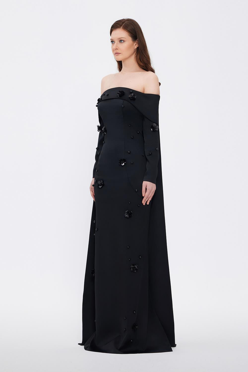 Boat Neck Accessory Detailed Long Evening Dress