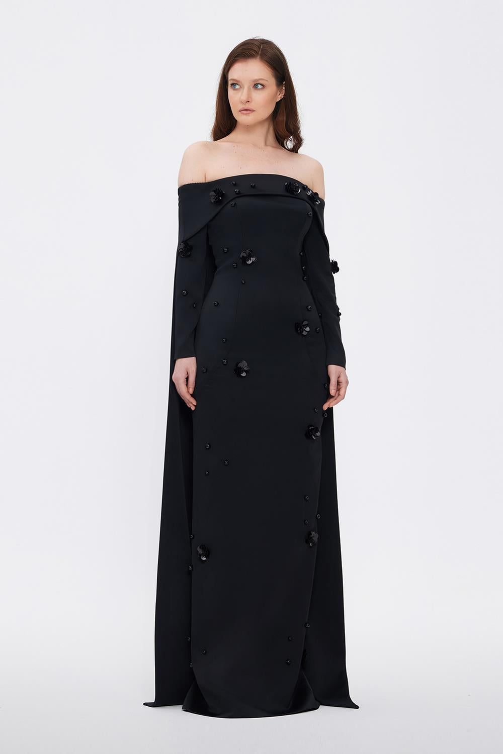 Boat Neck Accessory Detailed Long Evening Dress