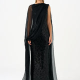 Boat Neck Cape Sequin Long Evening Dress - 9038C