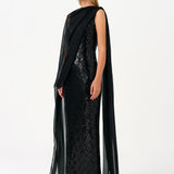 Boat Neck Cape Sequin Long Evening Dress - 9038C