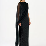 Boat Neck Cape Sequin Long Evening Dress - 9038C