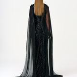 Boat Neck Cape Sequin Long Evening Dress - 9038C