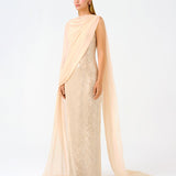 Boat Neck Cape Sequin Long Evening Dress - 9038C