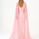 Boat Neck Cape Sequin Long Evening Dress - 9038C