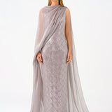 Boat Neck Cape Sequin Long Evening Dress - 9038C