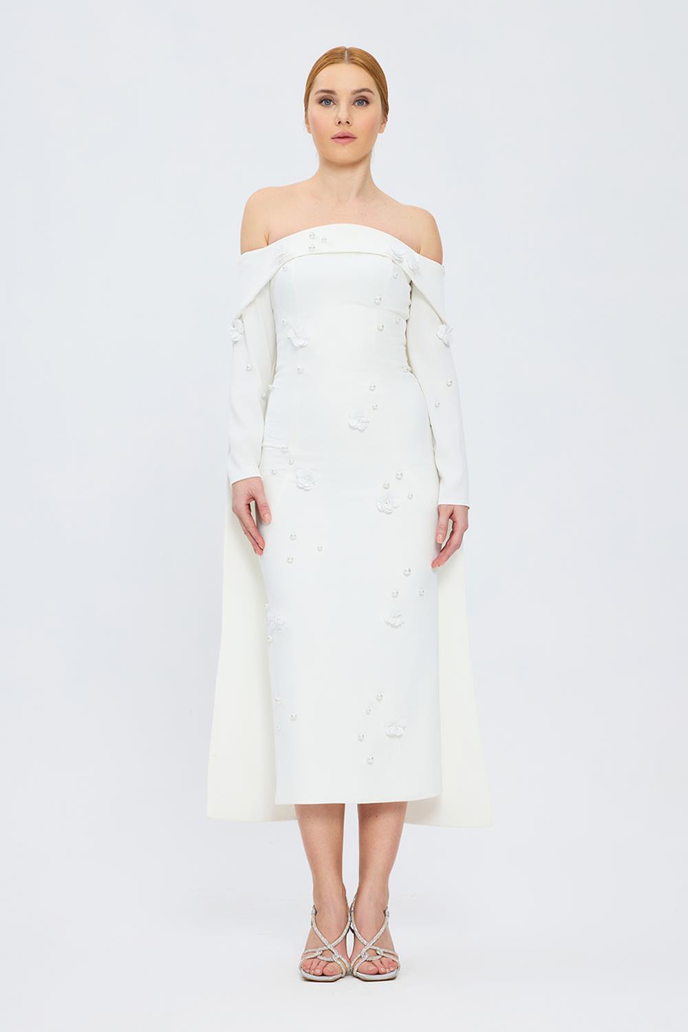 Boat Neck White Stone Long Evening Dress