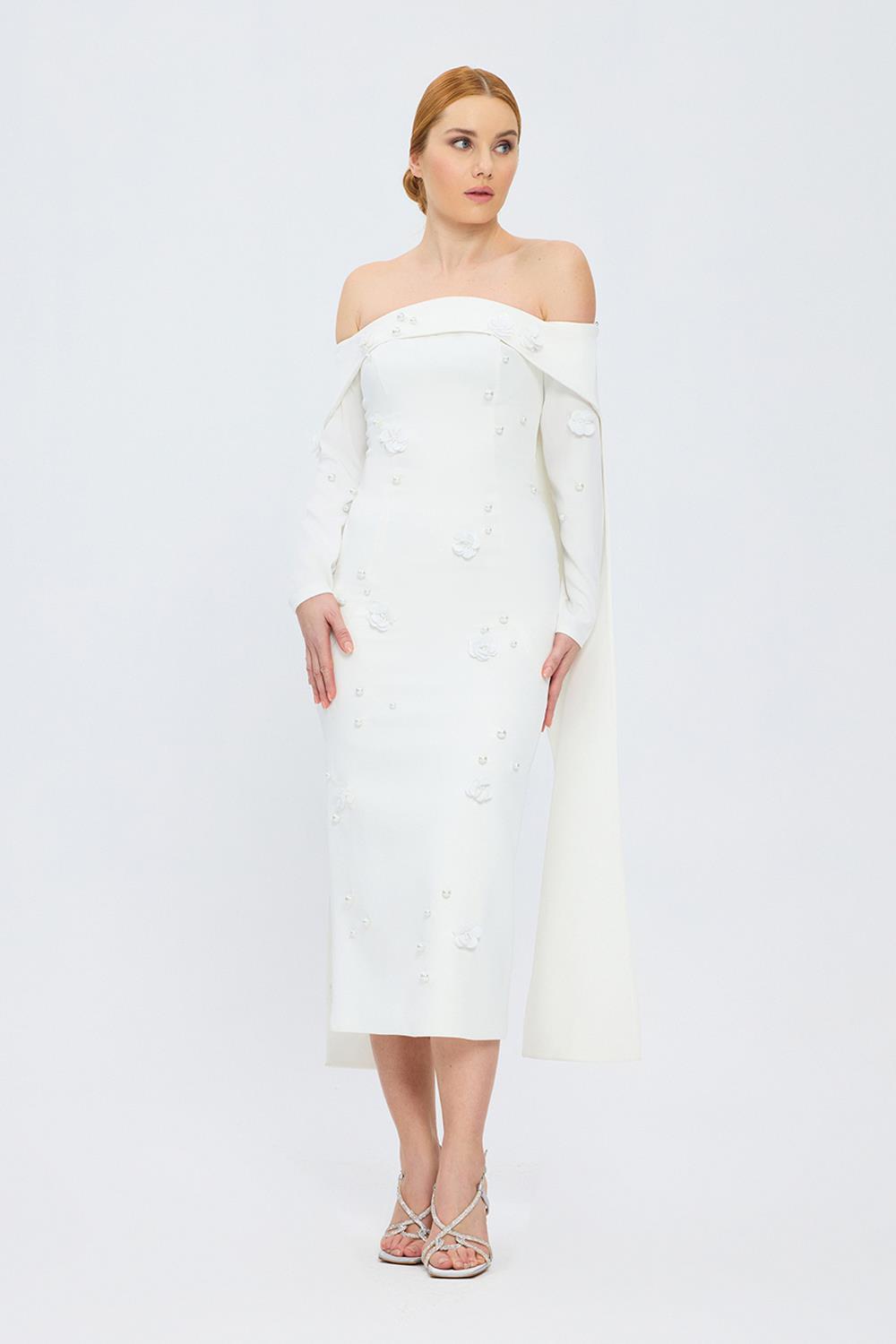 Boat Neck White Stone Long Evening Dress