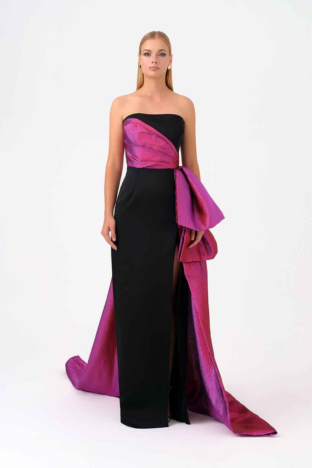 Bow Detail Strapless Long Evening Dress