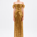 Bow Detailed Sequined Long Evening Dress