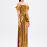 Bow Detailed Sequined Long Evening Dress