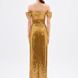 Bow Detailed Sequined Long Evening Dress