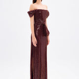 Bow Detailed Sequined Long Evening Dress