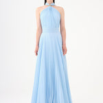 Brooch Detailed Halter Neck Pleated Long Evening Dress