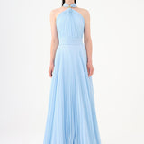 Brooch Detailed Halter Neck Pleated Long Evening Dress