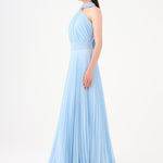 Brooch Detailed Halter Neck Pleated Long Evening Dress