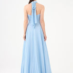 Brooch Detailed Halter Neck Pleated Long Evening Dress