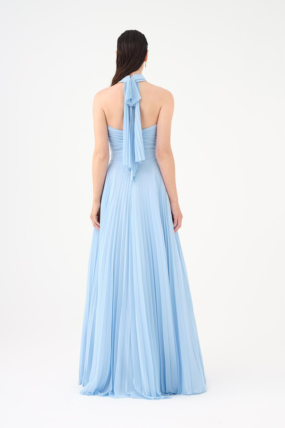 Brooch Detailed Halter Neck Pleated Long Evening Dress