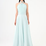 Brooch Detailed Halter Neck Pleated Long Evening Dress