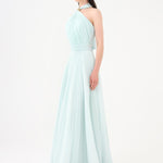 Brooch Detailed Halter Neck Pleated Long Evening Dress