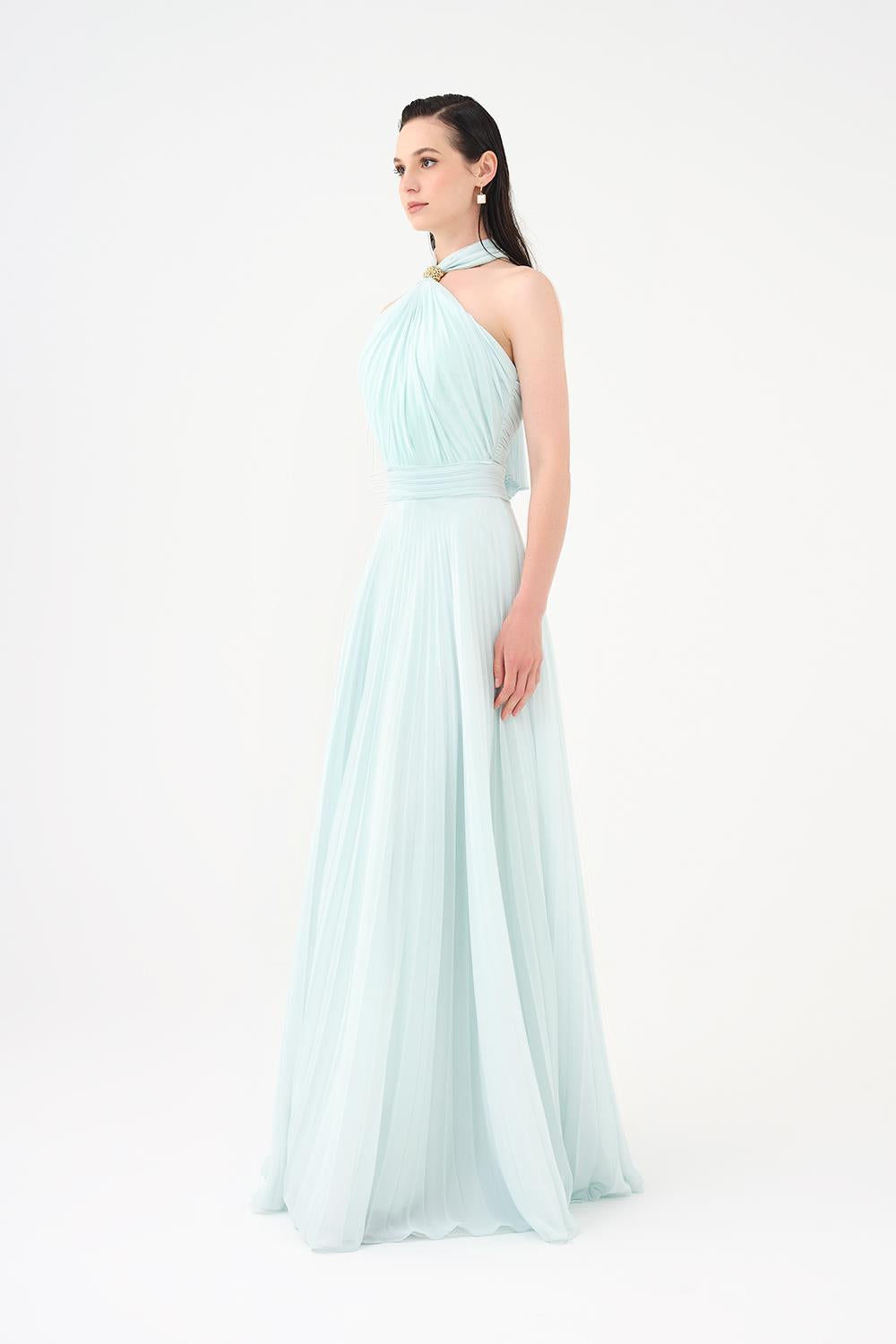 Brooch Detailed Halter Neck Pleated Long Evening Dress