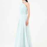 Brooch Detailed Halter Neck Pleated Long Evening Dress