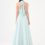 Brooch Detailed Halter Neck Pleated Long Evening Dress