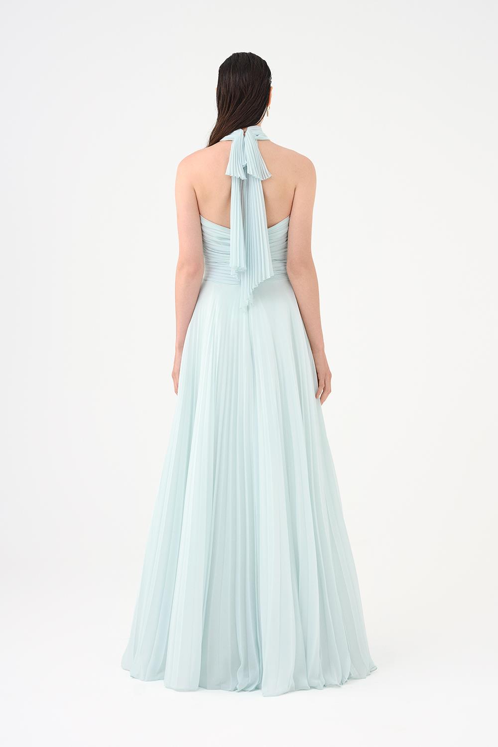 Brooch Detailed Halter Neck Pleated Long Evening Dress