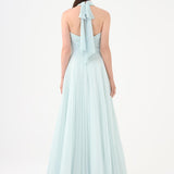 Brooch Detailed Halter Neck Pleated Long Evening Dress