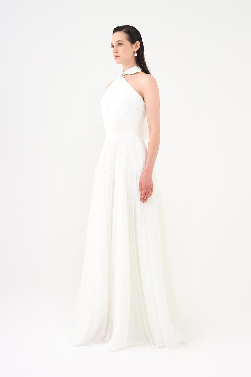 Brooch Detailed Halter Neck Pleated Long Evening Dress