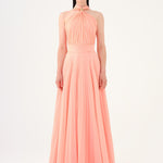 Brooch Detailed Halter Neck Pleated Long Evening Dress