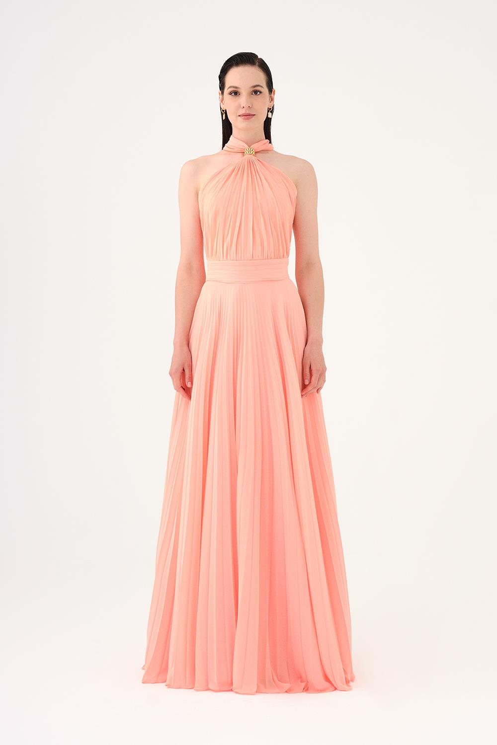 Brooch Detailed Halter Neck Pleated Long Evening Dress