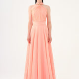 Brooch Detailed Halter Neck Pleated Long Evening Dress