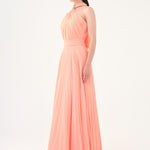 Brooch Detailed Halter Neck Pleated Long Evening Dress