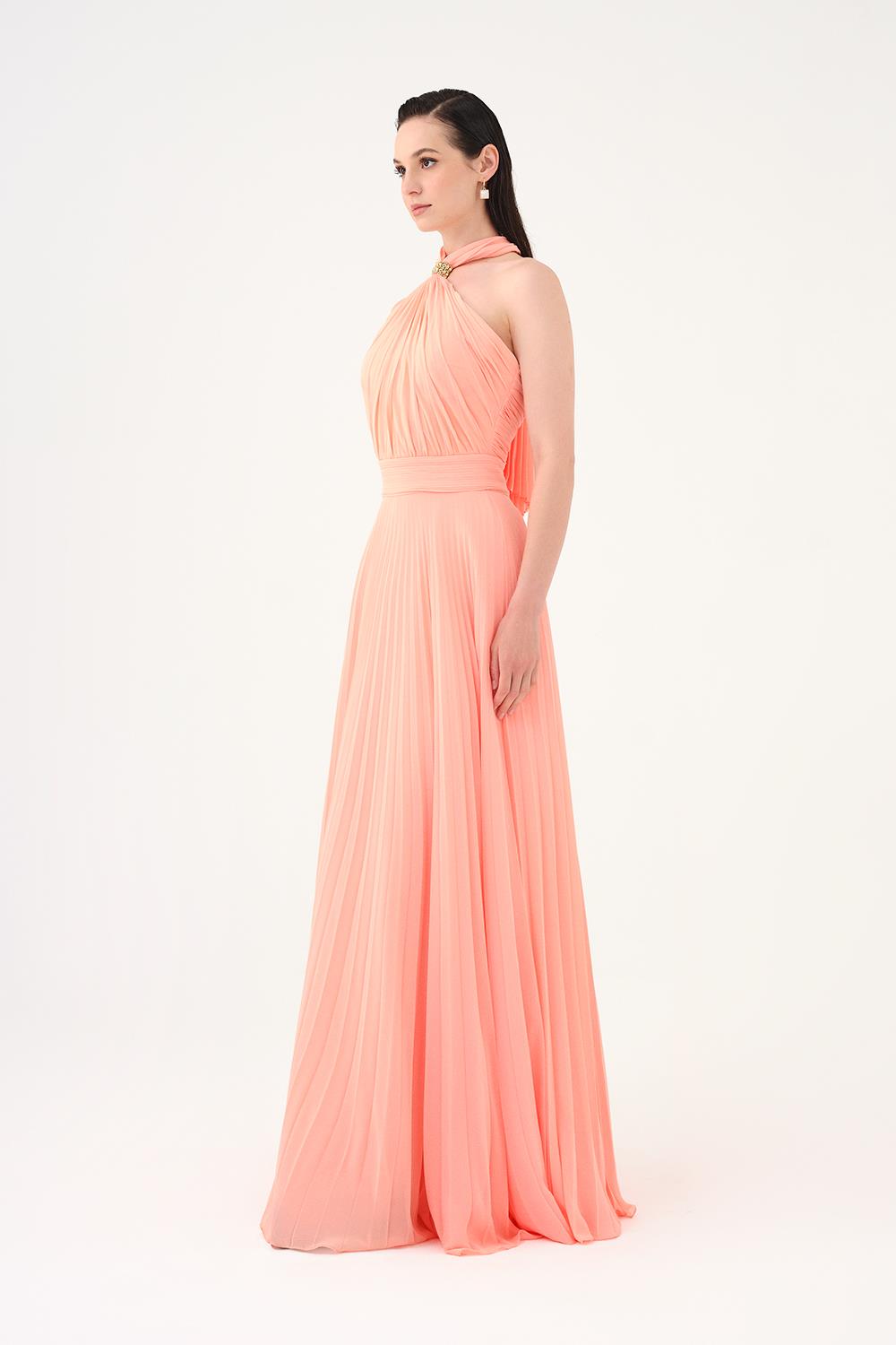 Brooch Detailed Halter Neck Pleated Long Evening Dress