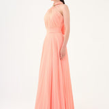 Brooch Detailed Halter Neck Pleated Long Evening Dress