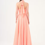 Brooch Detailed Halter Neck Pleated Long Evening Dress