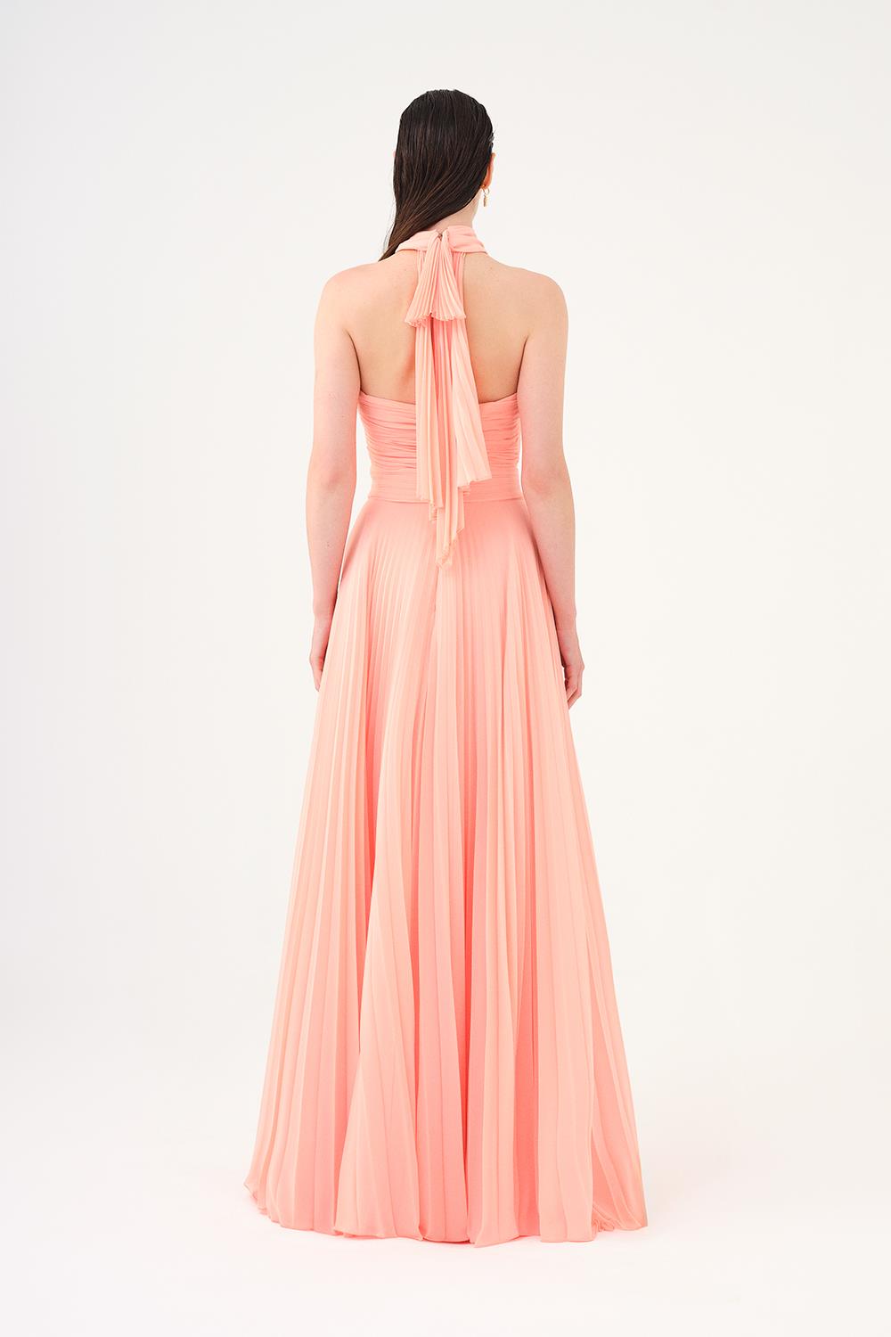 Brooch Detailed Halter Neck Pleated Long Evening Dress