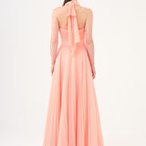 Brooch Detailed Halter Neck Pleated Long Evening Dress