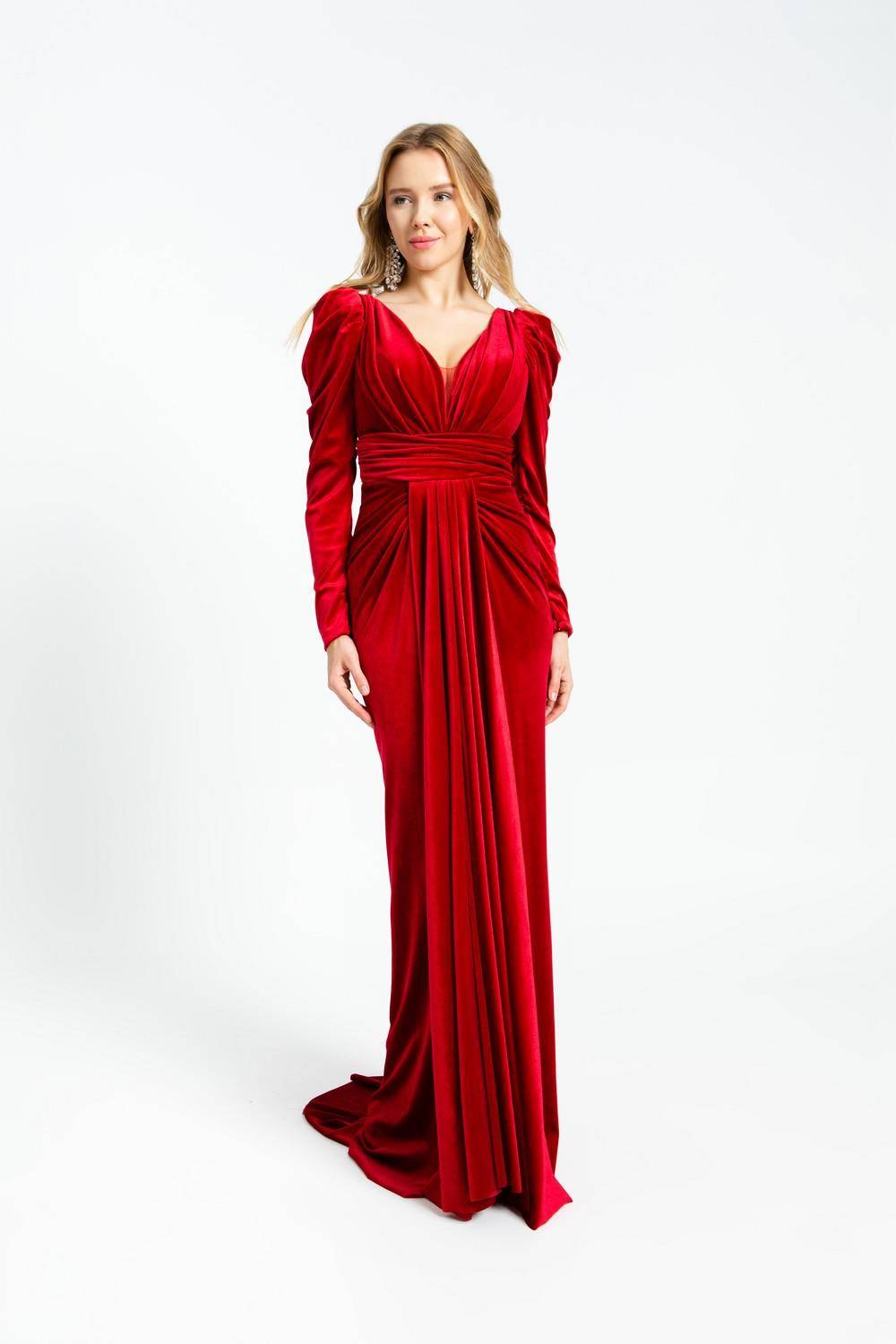 Cleavage Detailed Long Sleeve Velvet Long Evening Dress