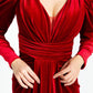 Cleavage Detailed Long Sleeve Velvet Long Evening Dress