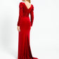 Cleavage Detailed Long Sleeve Velvet Long Evening Dress