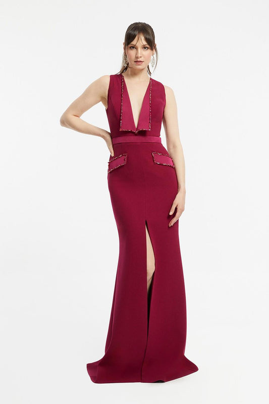 Butterfly Neck Pocket Detailed Slit Crepe Long Dress - 5045C