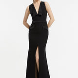 Butterfly Neck Pocket Detailed Slit Crepe Long Dress - 5045C