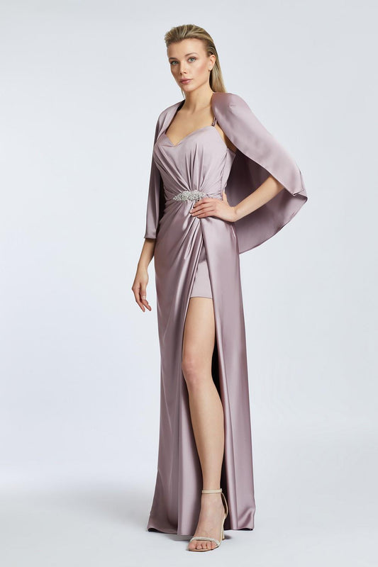 Caped Heart Neck Slit Satin Evening Dress - 2010