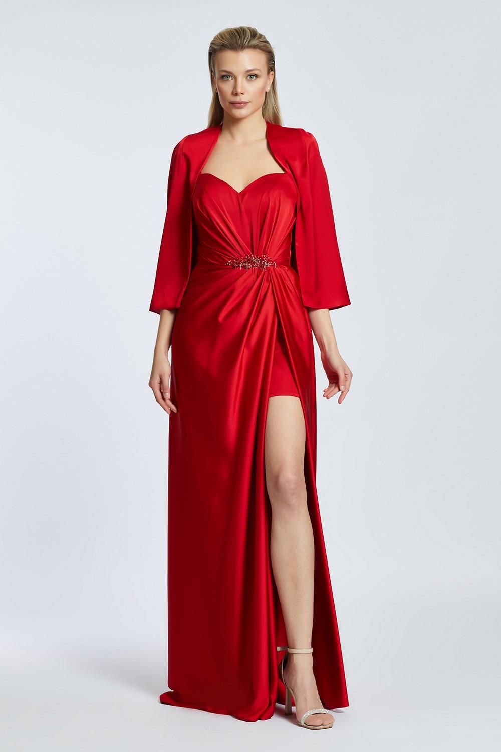 Caped Heart Neck Slit Satin Evening Dress