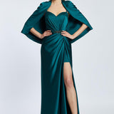 Caped Heart Neck Slit Satin Evening Dress - 2010