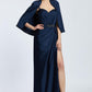 Caped Heart Neck Slit Satin Evening Dress