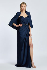 Caped Heart Neck Slit Satin Evening Dress