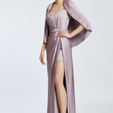 Caped Heart Neck Slit Satin Evening Dress - 2010