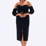 Bust Detailed Belted Plus Size Evening Dress